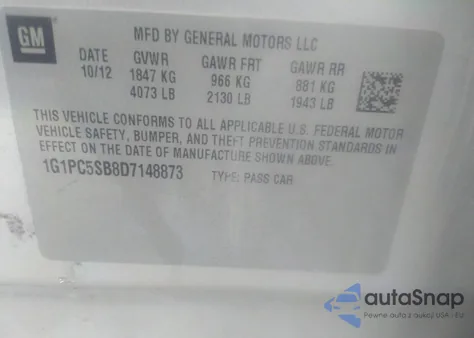 2013 Chevrolet Cruze 1Lt Auto from USA, damaged, VIN 1G1PC5SB8D7148873